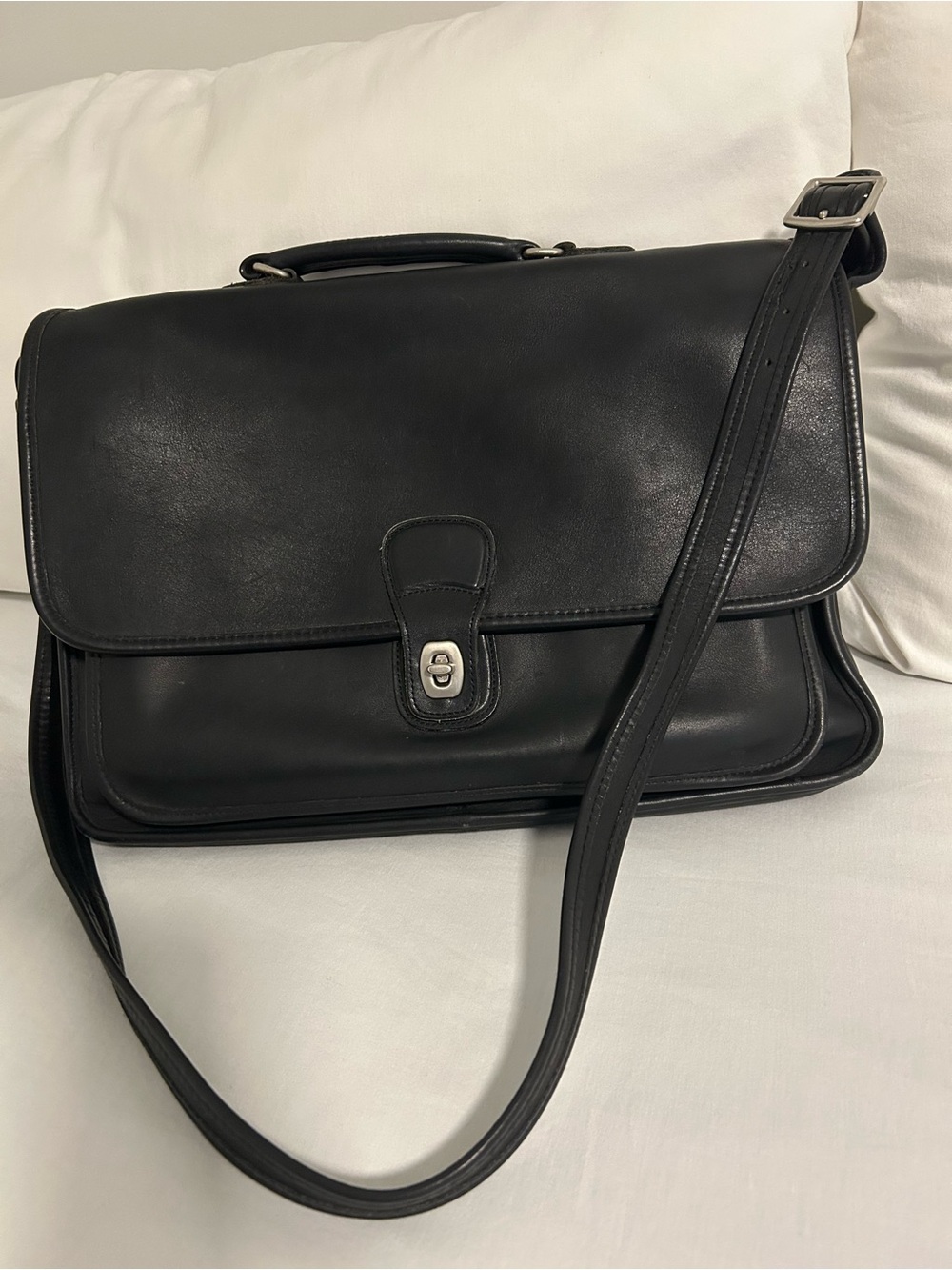 Coach Black Leather Briefcase Messenger with Silver Hardware